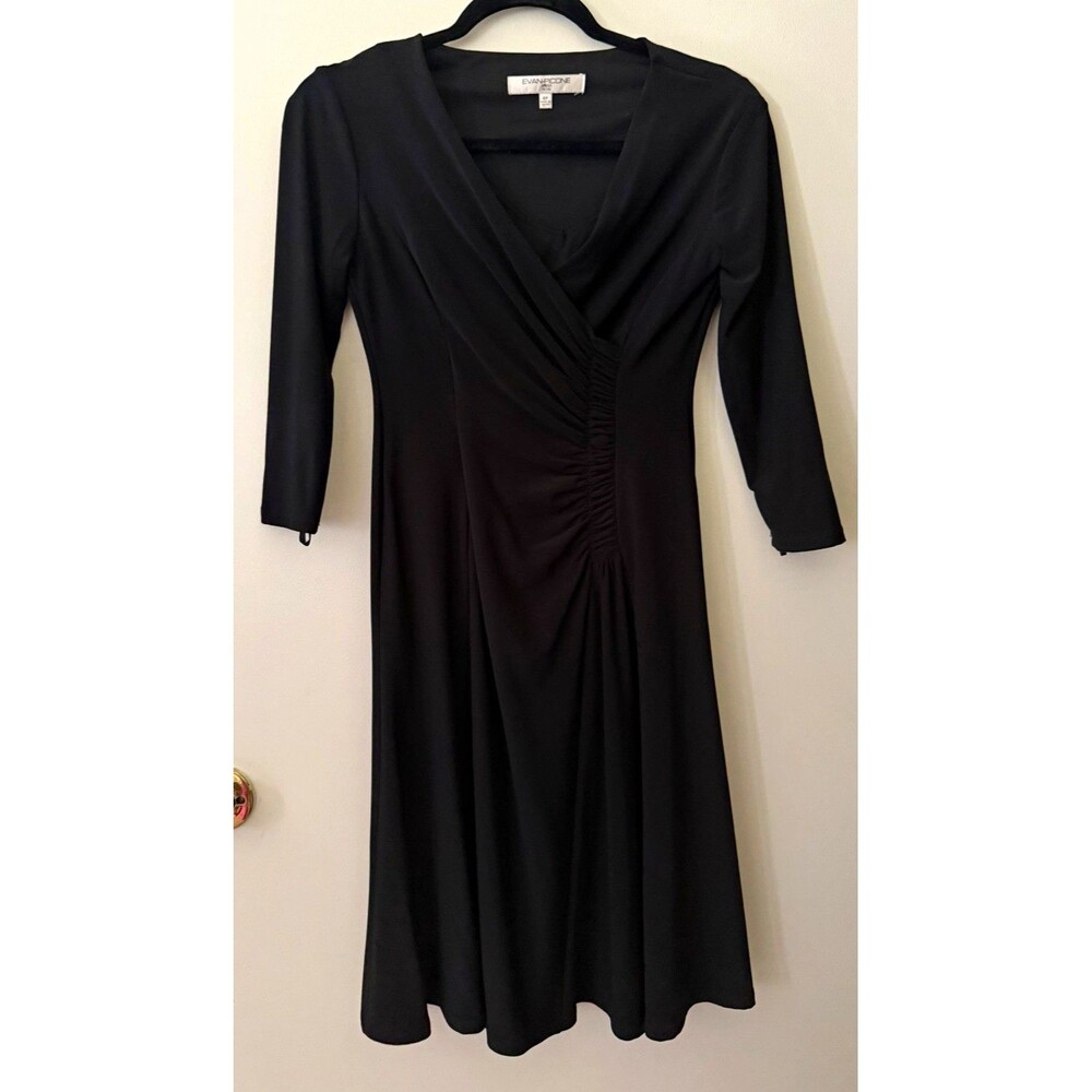 Evan Picone Womens Petite Black V-Neck Ruched Stretch Dress 3/4 Sleeve 4P - Picture 1 of 3